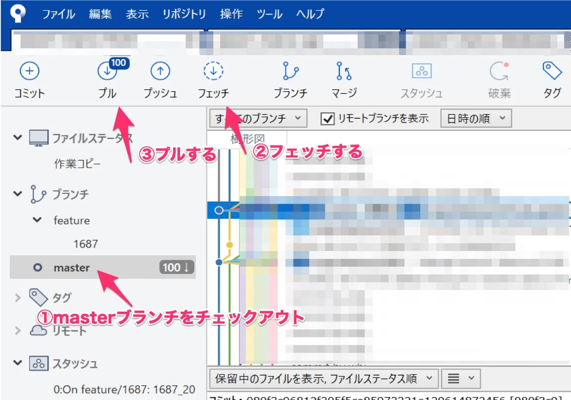 masterブランチをフェッチ、プルする